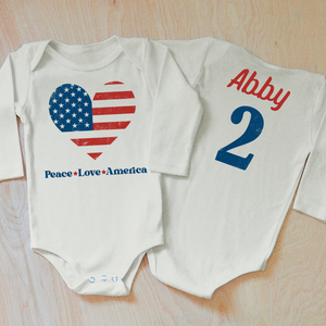 Personalized Peace Love America Patriotic Heart Baby Onesie