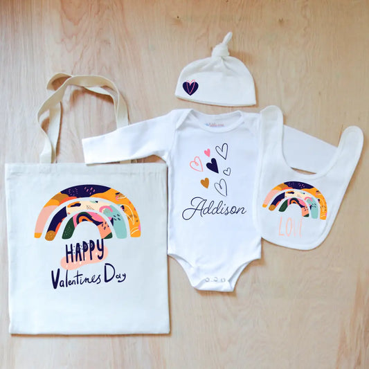 Colorful Rainbows Valentines Day Personalized 4 Piece Set -