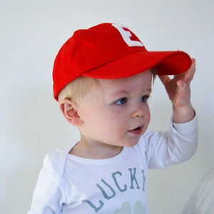 Infant Baseball Hat with Vintage Wool Lettering - Red -