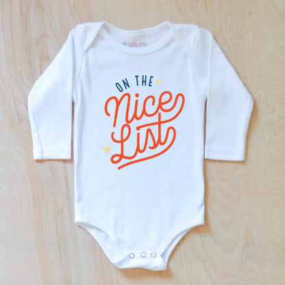 On The Nice List Winter Holiday Season Festive Onesie at Hi Little One