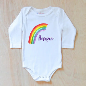 Rainbow Baby Announcement Personalized Onesie at Hi Little One